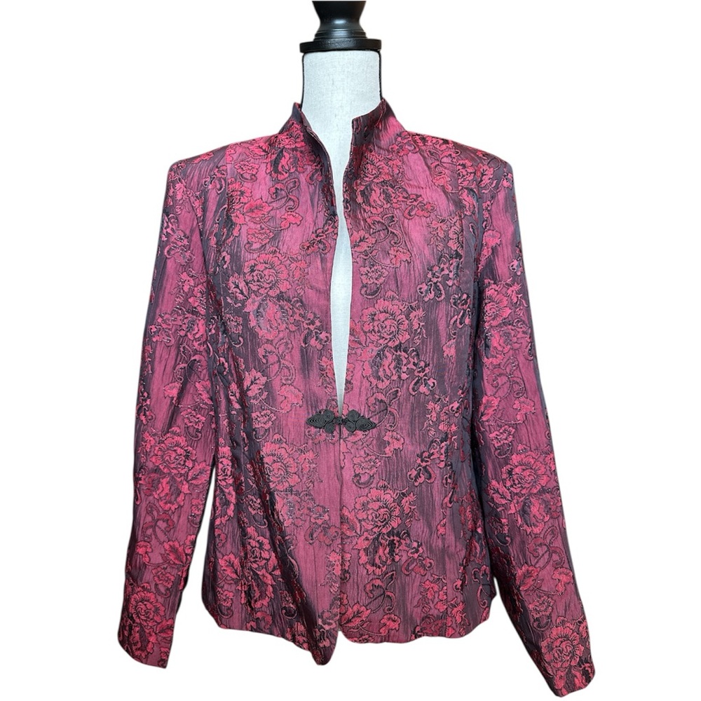 Coldwater Creek Burgundy & Black Floral Mandarin Collar Jacket | Size 10